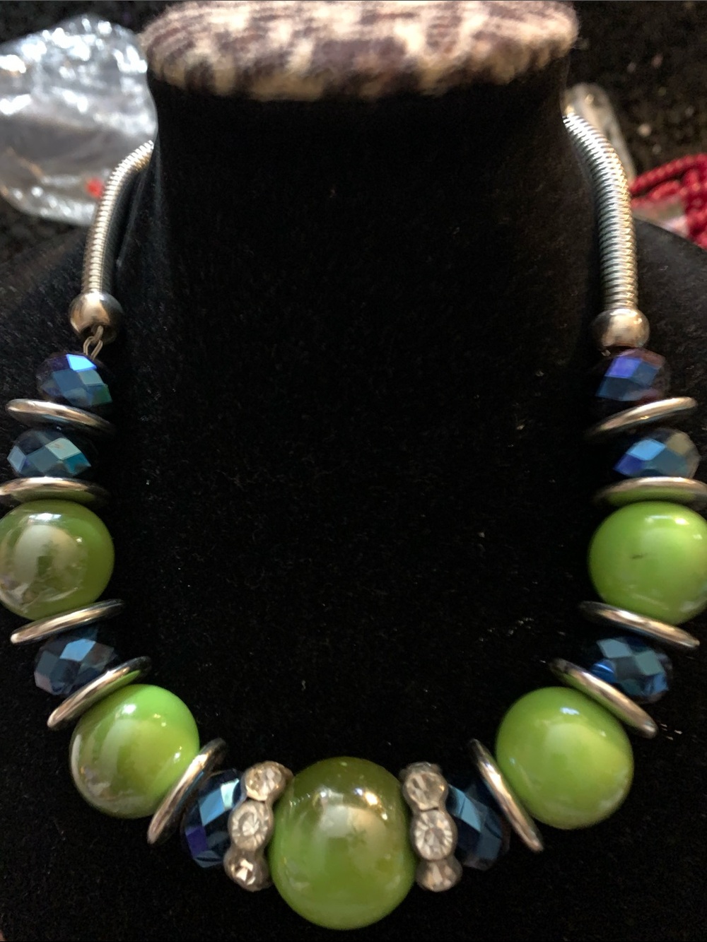 Green Bead Statement Necklace with Blue Accents - Women Jewelry